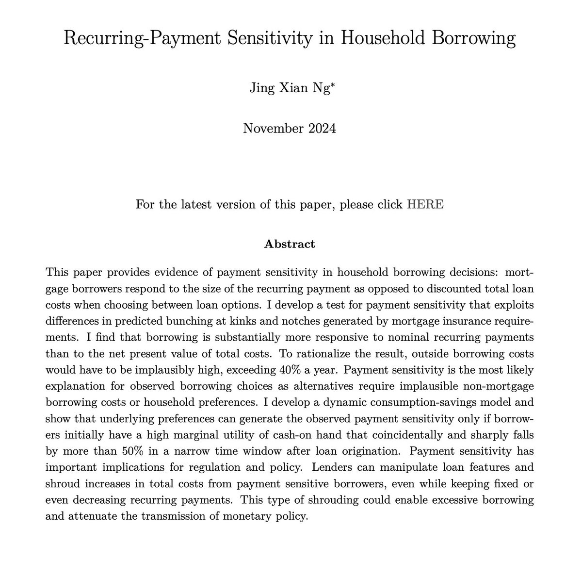 Hey #econtwitter! Dropping back over to tell you about a great Wharton job candidate! Xian Ng studies whether households are able to optimize over financial products with different up-front versus sustained payments. This area often has a tradeoff b/t identification and stakes 🧵