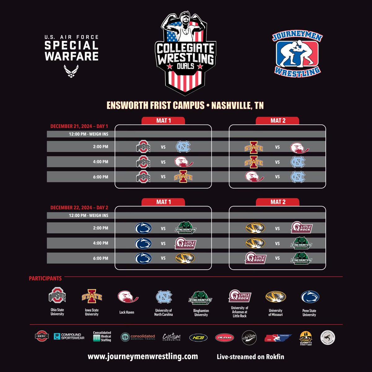 Collegiate Duals 4.0 🔥

Streaming LIVE December 21-22.

🔗rokfin.com/collegiatedual…