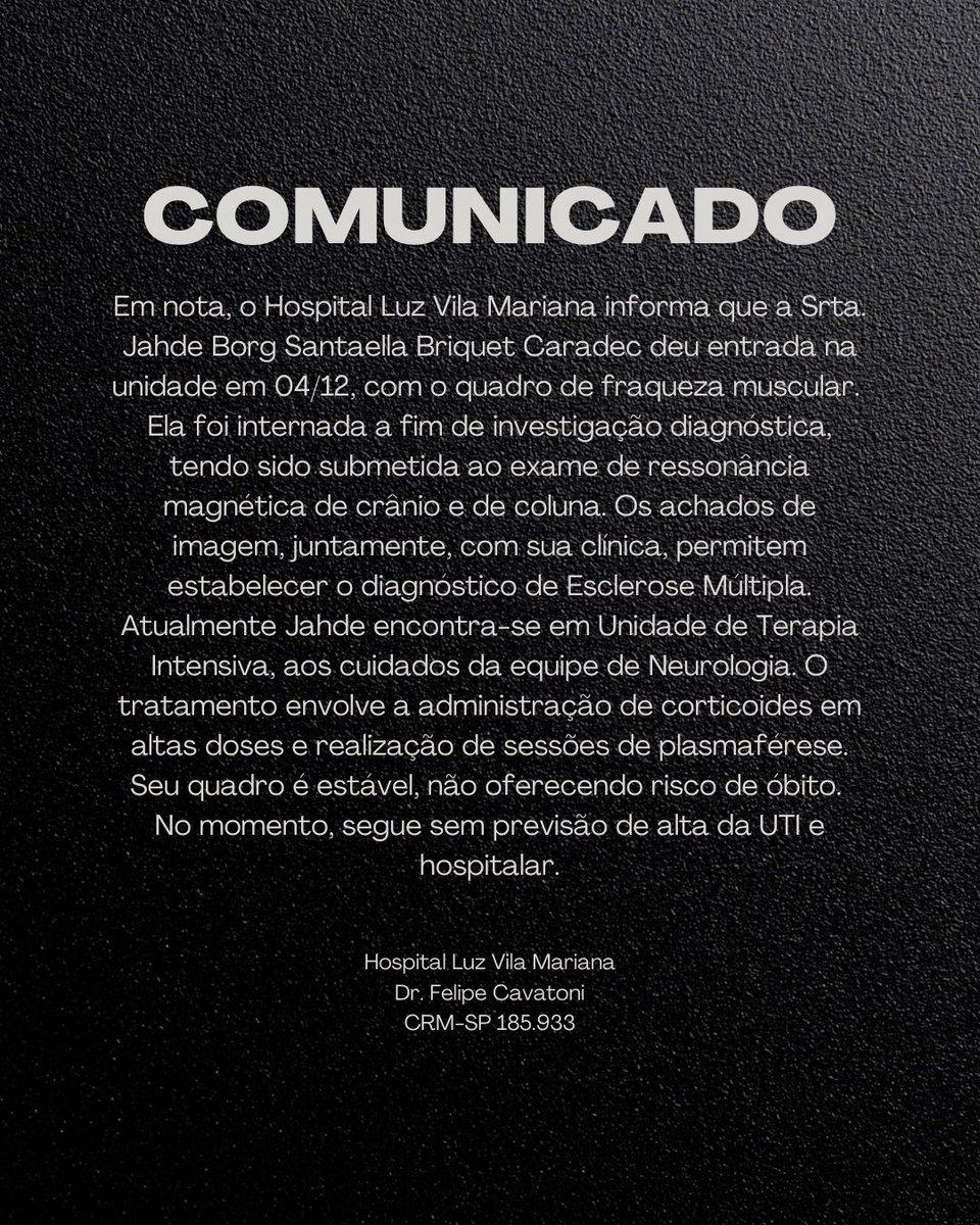 jahdeborg's tweet photo. Pedimos que todos enviem boas energias e vibrações positivas para sua recuperação. Agradecemos imensamente o carinho e apoio neste momento. https://t.co/dZOTalXl5l