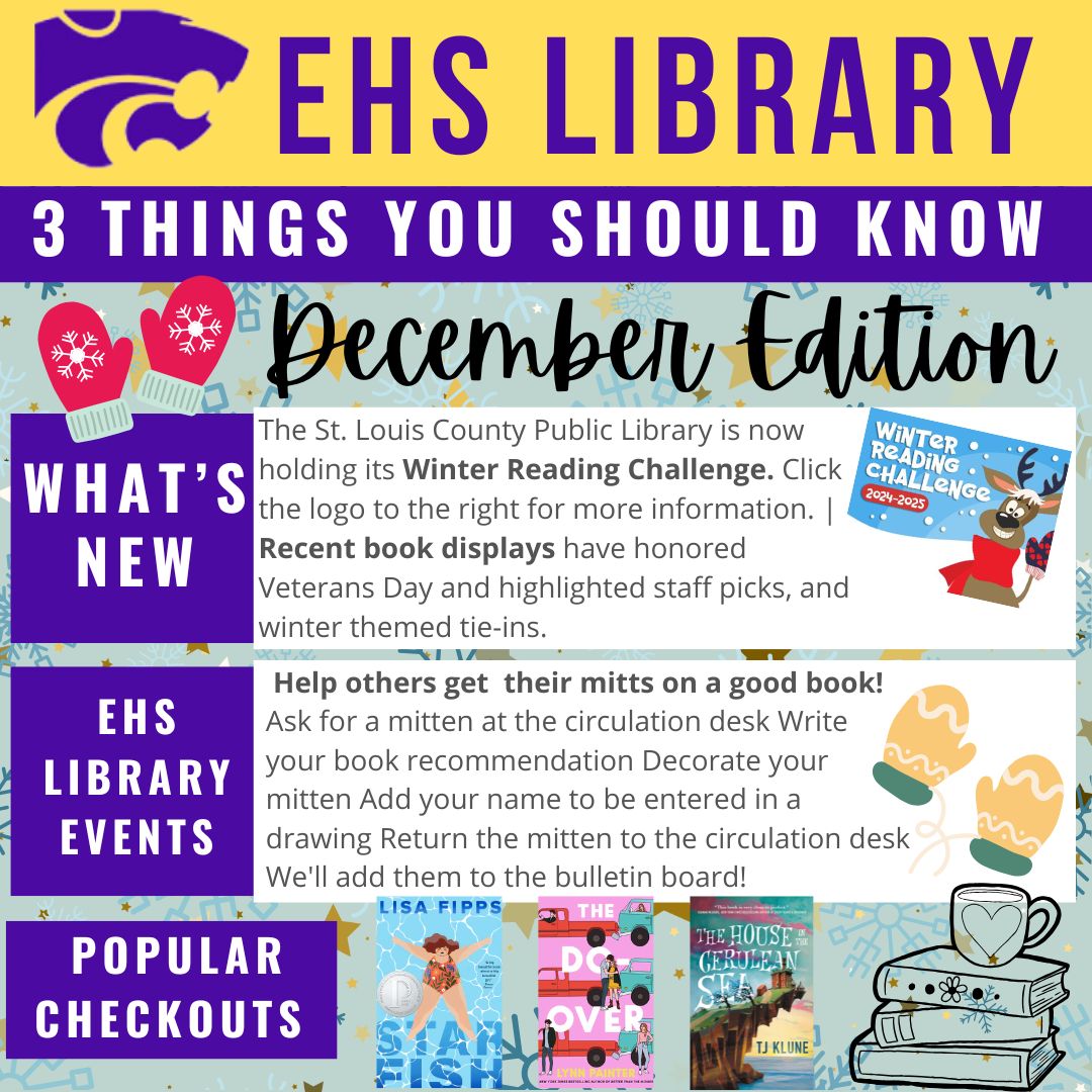 Dive into the world of books with our monthly newsletter! Stay updated, discover great reads, and join us on literary adventures. 📚
.
.
.
#librarynews #ehsreads #eurekawildcats #yabooks #highschoollibrarian #popularreads #december24 #librarianlife #librariansofinstagram #winter