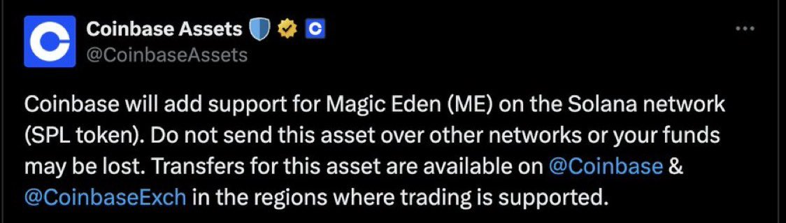 JUST IN:

<a href="/CoinbaseAssets/">Coinbase Assets 🛡️</a> and <a href="/cryptocom/">Crypto.com</a> in addition to <a href="/binance/">Binance</a> will all be listing $ME too

all ur favorite YouTubers are shilling $ME to the moon

do with this information as you will 🫡

<a href="/MagicEden/">Magic Eden 🪄</a>