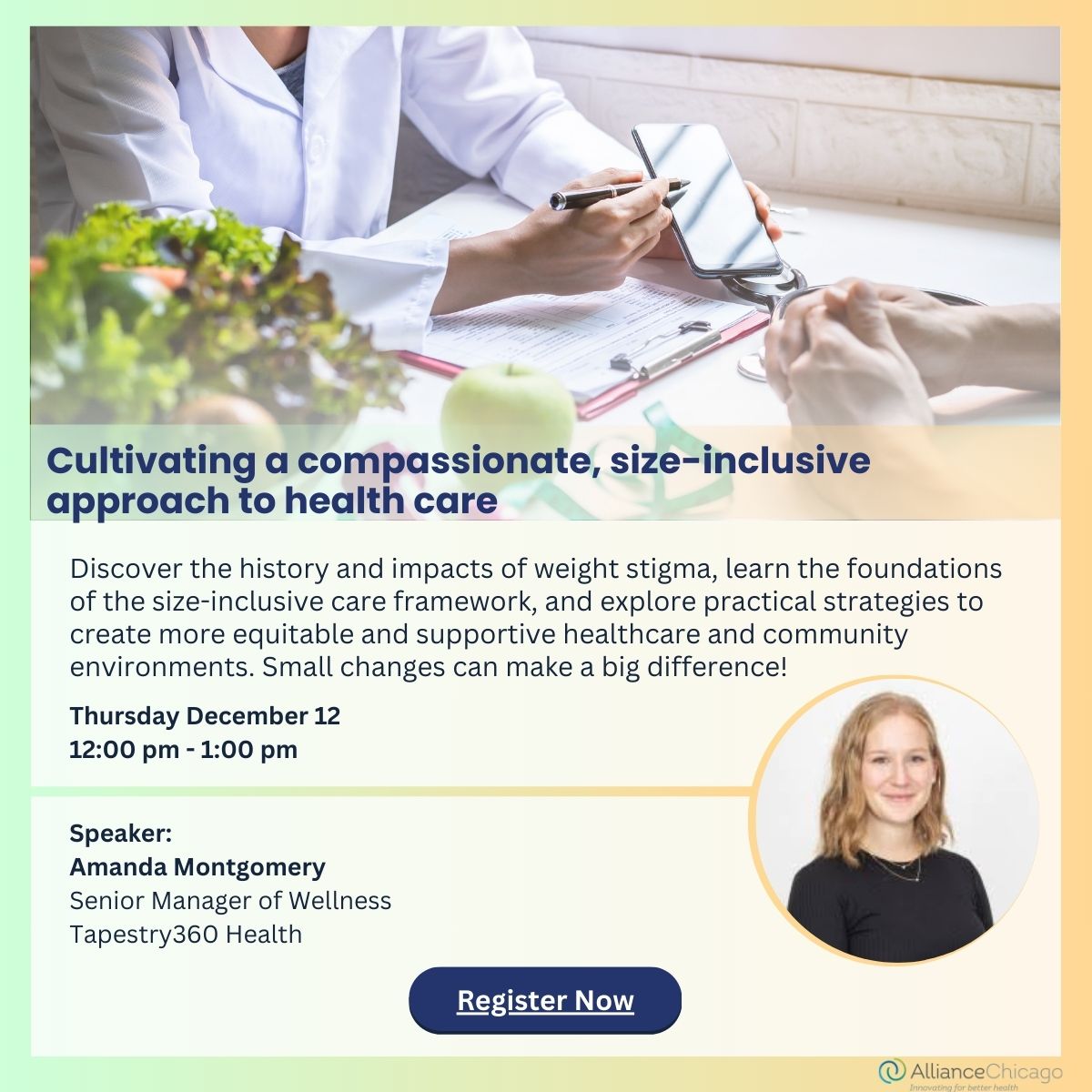 AllianceChicago (@alliancecchs) on Twitter photo Join us Thursday at 12pm! Learn practical strategies to create size-inclusive, compassionate healthcare environments with Amanda Montgomery RD, LDN, MPH from <a href="/tap360health/">Tapestry360Health</a>.
Register now: shorturl.at/tHA3y
#InclusiveHealth #EquityInCare #AllianceChicago #FoodAsMedicine Join us Thursday at 12pm! Learn practical strategies to create size-inclusive, compassionate healthcare environments with Amanda Montgomery RD, LDN, MPH from <a href="/tap360health/">Tapestry360Health</a>.
Register now: shorturl.at/tHA3y
#InclusiveHealth #EquityInCare #AllianceChicago #FoodAsMedicine