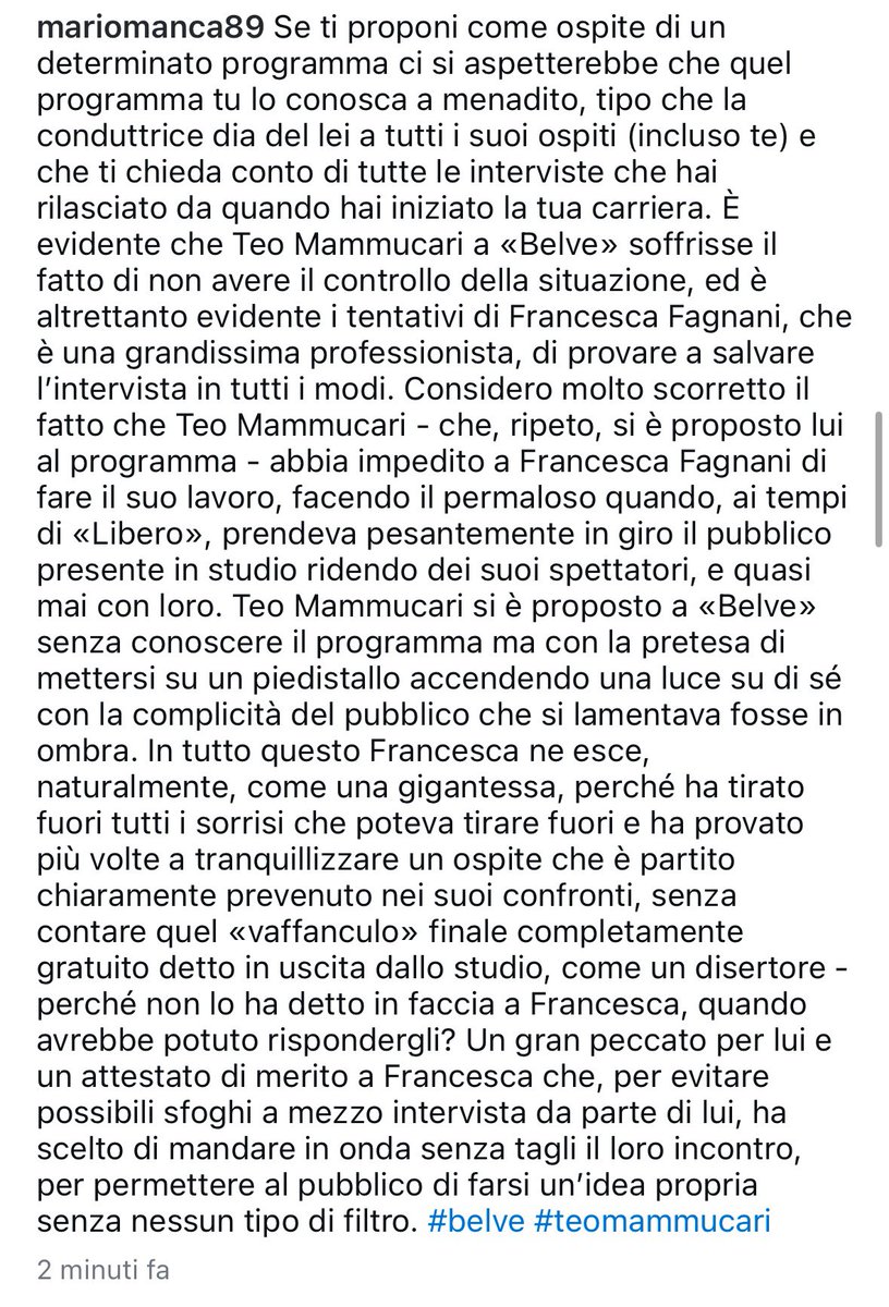MarioManca's tweet photo. Due parole sulla mesta figura di Mammucari e il grande professionismo di Fagnani. #belve https://t.co/61edslGj3C