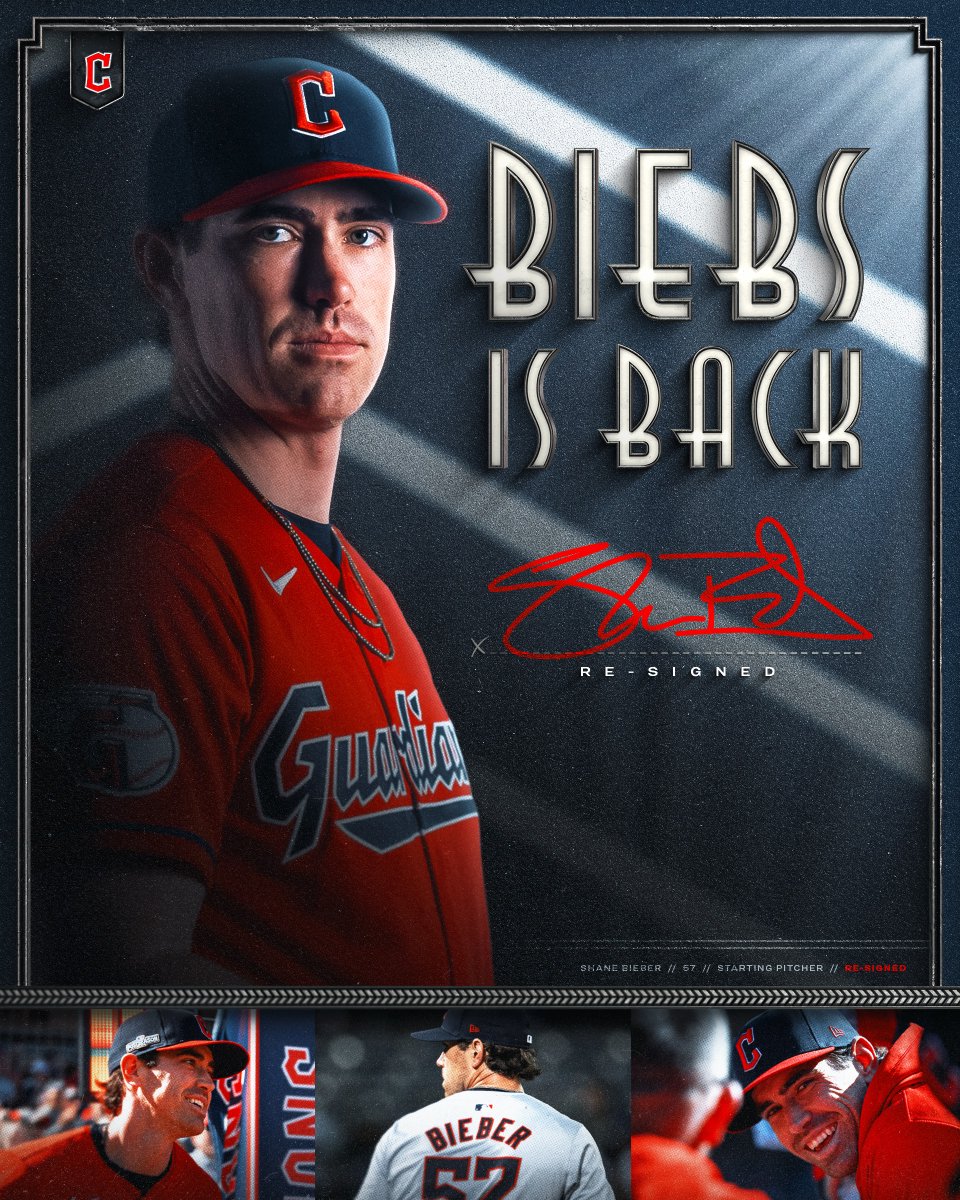 CleGuardians's tweet photo. We have re-signed RHP Shane Bieber to a one-year contract for the 2025 season with a Player Option for 2026.

Can't wait to have you back on the bump, Biebs!

#ForTheLand https://t.co/gXYu3c2N0W