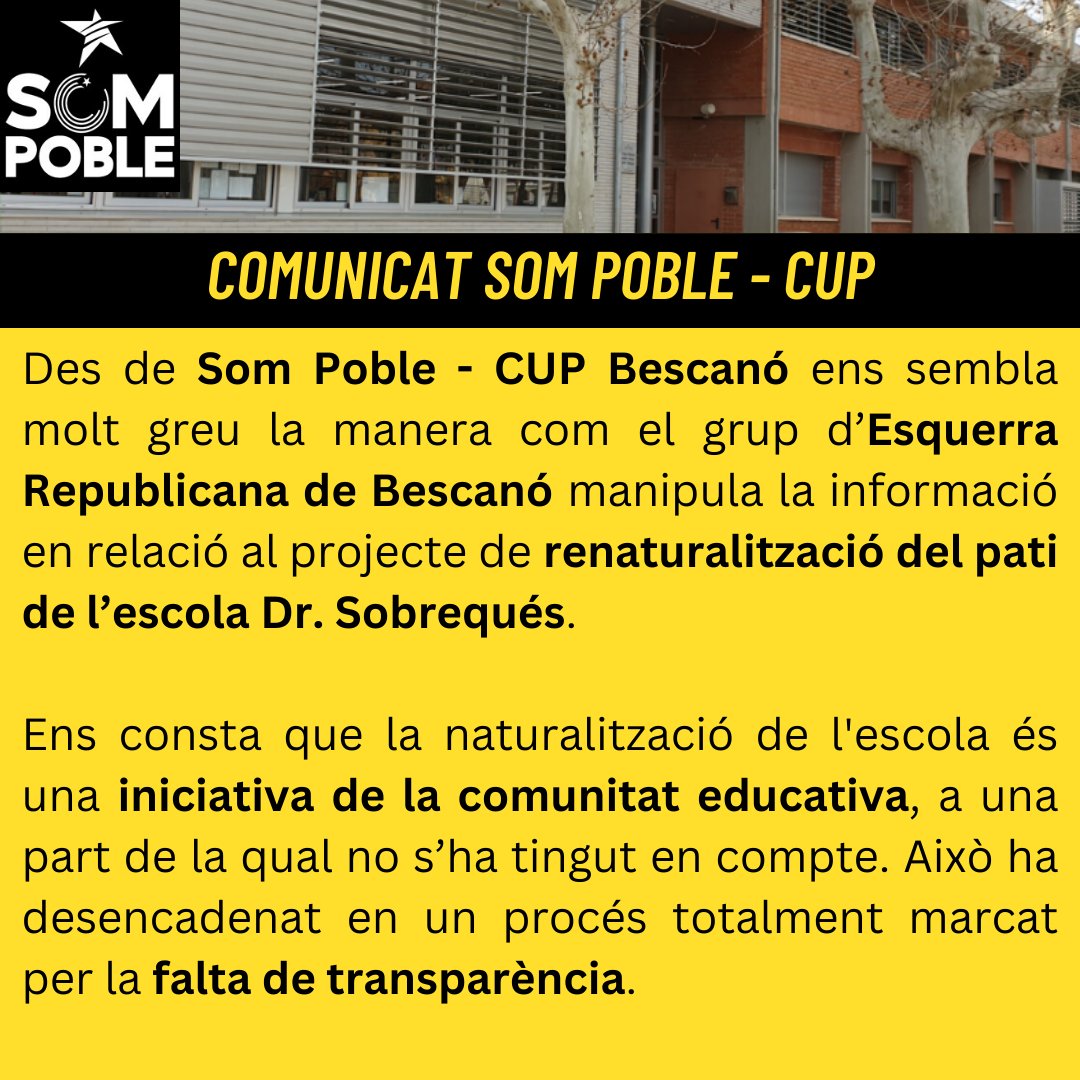 CUPBescano's tweet photo. 📢 Des de Som Poble - CUP ens sembla molt greu la manera en què el grup d'Esquerra Republicana de Bescanó manipula la informació en relació al projecte de renaturalització del pati de l'escola Dr. Sobrequés. Us deixem el nostre comunicat i posició sobre aquest assumpte. https://t.co/Vtdi3LpBAO