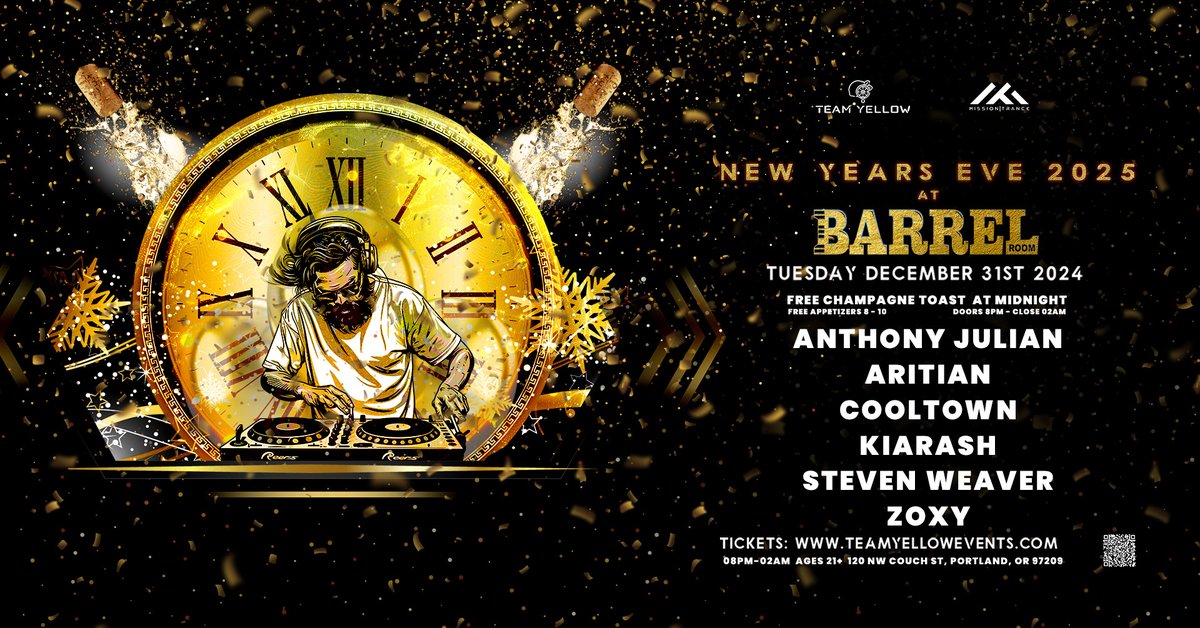 So excited to play NYE show in Portland <a href="/BarrelRoomPDX/">Barrel Room PDX</a> with <a href="/DJCooltown/">Cooltown</a>  Anthony Julian, Kiarash, Zoxy, Steven Weaver!! 

teamyellowevents.com 

#trance #house #techno #progressive #portland #edm #dancemusic #rave #newyears