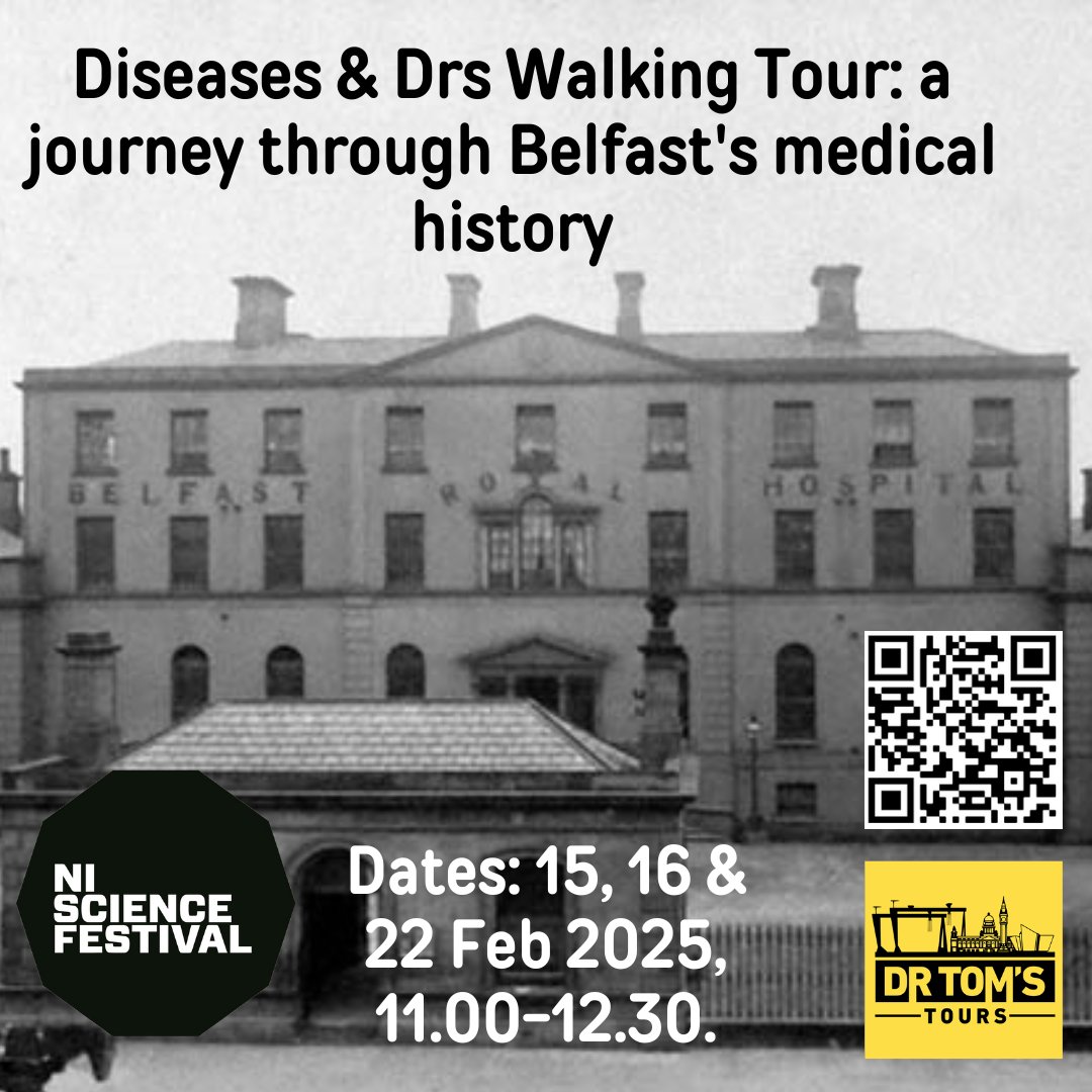 drtomstours's tweet photo. Dates announced for Diseases/Drs walking (medical history of Belfast) tours as part of the 11th Northern Ireland Science Festival! Dates: 15, 16 &amp; 22 Feb 2025. Details: https://t.co/NlaApu90GU https://t.co/94kl2ZbapS