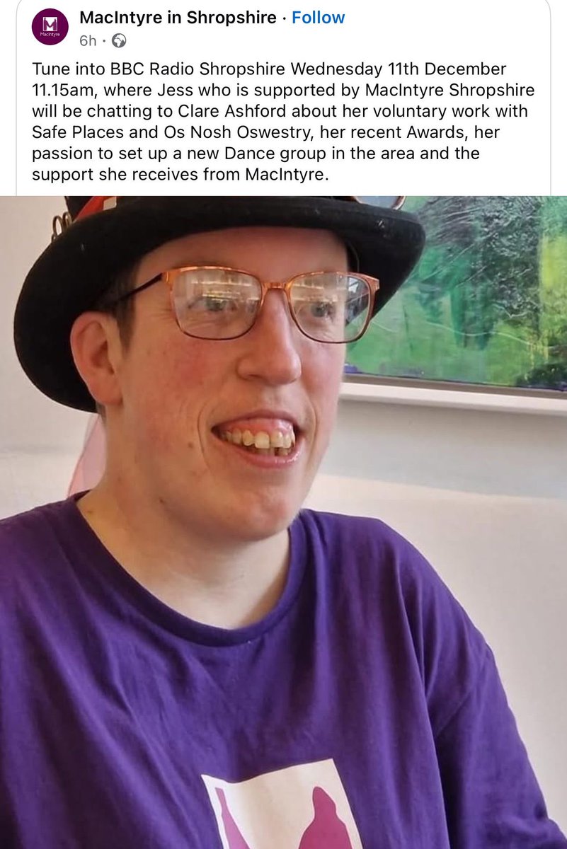 Tune in @ 11.15am tomorrow to hear my colleague <a href="/JessicaHiles16/">Jessica Hiles</a> share whats happening <a href="/MeetMacIntyre/">MacIntyre</a> #Shropshire especially if you 💜  #Dance  #learningdisability #autism <a href="/MacIntyreShrop1/">MacIntyre Shropshire</a> <a href="/BBCShropshire/">BBC Shropshire</a> <a href="/SafePlaceShrops/">Safe Places Shrops</a> @AnitaJT01 <a href="/bethyb1886/">Beth Britton</a> <a href="/HealthMacIntyre/">MacIntyre Health Team</a> <a href="/MacIntyreDancer/">MacIntyre Dancers</a> 💜