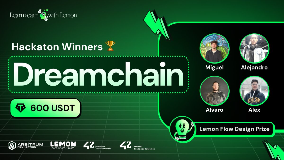 👉🏽 Best frontend integration $600:
🏆🔥 DREAMCHAIN🔥🏆

DreamChain is not just a network; It is an engine of social change.

🔗 The full report and code is available on: 
github.com/alvaro-MV/Hack…