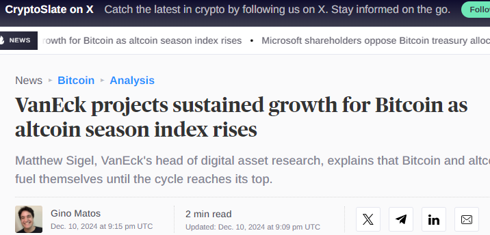 VanEck Projects Sustained Growth for Bitcoin as Altcoin Season Index Rises