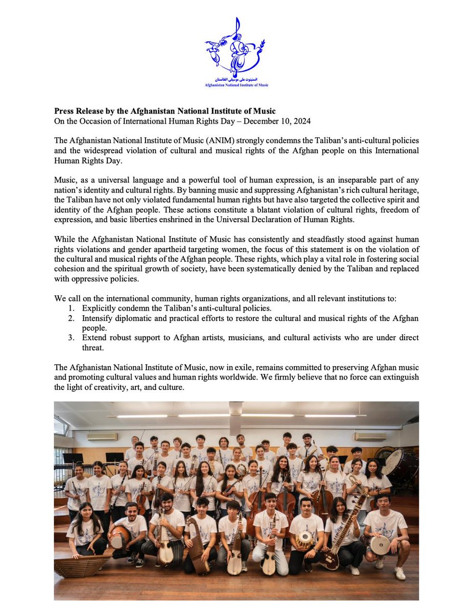 Press Release by the Afghanistan National Institute of Music
On the Occasion of International Human Rights Day 🎼 🌍