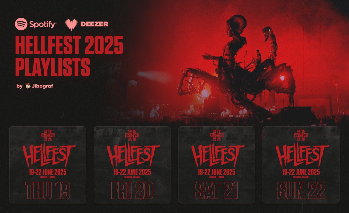 Jibograf's tweet photo. Mes playlists @hellfestopenair 2025 sur @Spotify et @Deezer pour chaque jour : Top 3 pour chaque groupe. MAJ annulations, remplacements et running order. ⬇️ https://t.co/KEuxZ7YLvq