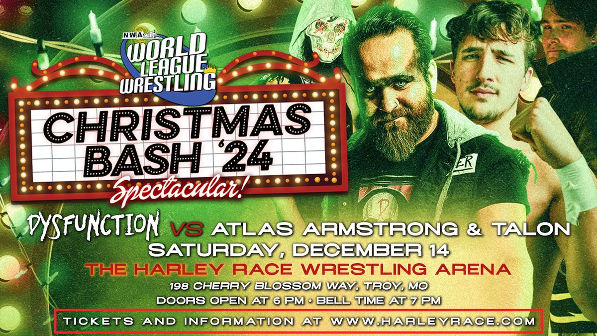 worldleaguewlw's tweet photo. 🚨Match Update for this Saturday's NWA World League Wrestling Christmas Bash Spectacular 🚨

NWA World League is all about giving opportunities, and this Saturday night, @atlas_wrestles and newcomer Talon  have a HUGE opportunity as they face the NWA World League Wrestling tag-team champions Dysfunction (@The_B_Espinosa  &  @Kyle_Roberts24)!

While the titles are not on the line, the champions haven't been known to let off the gas pedal in any situation 🏆

🎟🎟🎟 Be sure to get your tickets for this event online at https://t.co/ihYcSFihSP now!