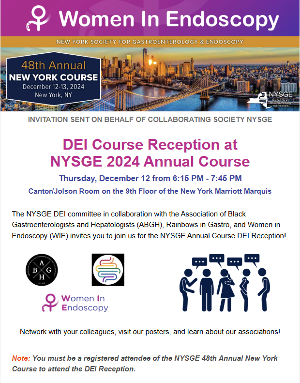 Hi! <a href="/NYSGE/">NYSGE</a> annual course attendee! 

Come join <a href="/blackingastro/">ABGH</a> <a href="/WomeninEndo/">Women In Endoscopy | WIE</a> and us at the🔥 #DEI course reception at 6:15 PM Thursday, 12/12, at the Cantor/Jolson Room on the 9th floor! 

See you there! 

#GITwitter #LiverTwitter #RepresentationMatter