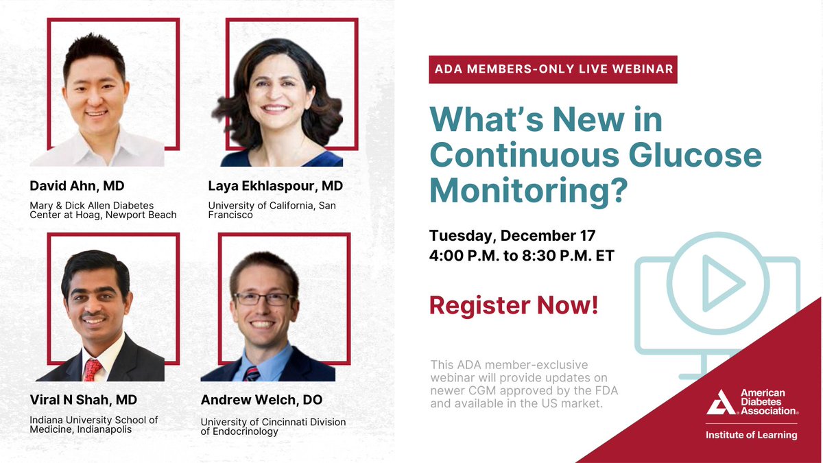 What’s new in CGMs? Discover the latest FDA-approved options &amp; OTC CGMs at ADA's member-exclusive webinar!
📅 Dec 17, 2024 | 4–5 PM ET
Expert faculty: Drs. Ahn, Ekhlaspour, Shah, &amp; Welch
Register now: bit.ly/3OFaeEX
#DiabetesCare <a href="/Laya_Ekhlaspour/">Laya Ekhlaspour</a> <a href="/AhnCall/">David Ahn, MD</a> @ViralShah_DM
