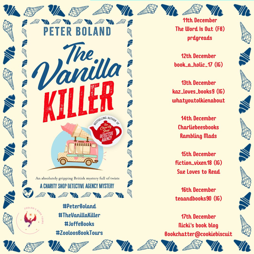 Today I am on the Blog Tour for The Vanilla Killer (The Charity Shop Detective Agency Book 4) by <a href="/PeterBoland19/">Peter Boland</a> published by <a href="/JoffeBooks/">JOFFE BOOKS</a>
<a href="/ZooloosBT/">ZooloosBookTours</a> Those formidable ladies from the dogs' charity shop are back in a twisty and dangerous case! 
Full review on facebook.com/TheWordIsNowOut