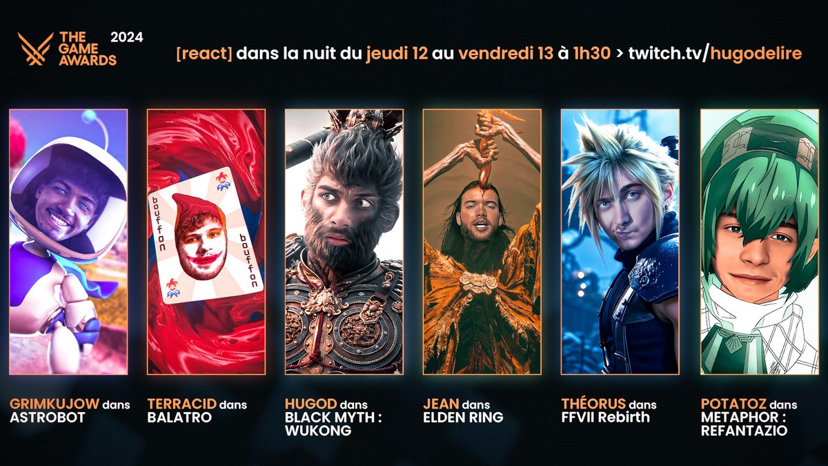 🚨 REACT CONFERENCE 🚨
#TheGameAwards 
Jeudi 12 Décembre à 1h30 ⏱️

✅ Borderlands 4
✅ GTA VI ?
✅ Dark Souls 9 ?