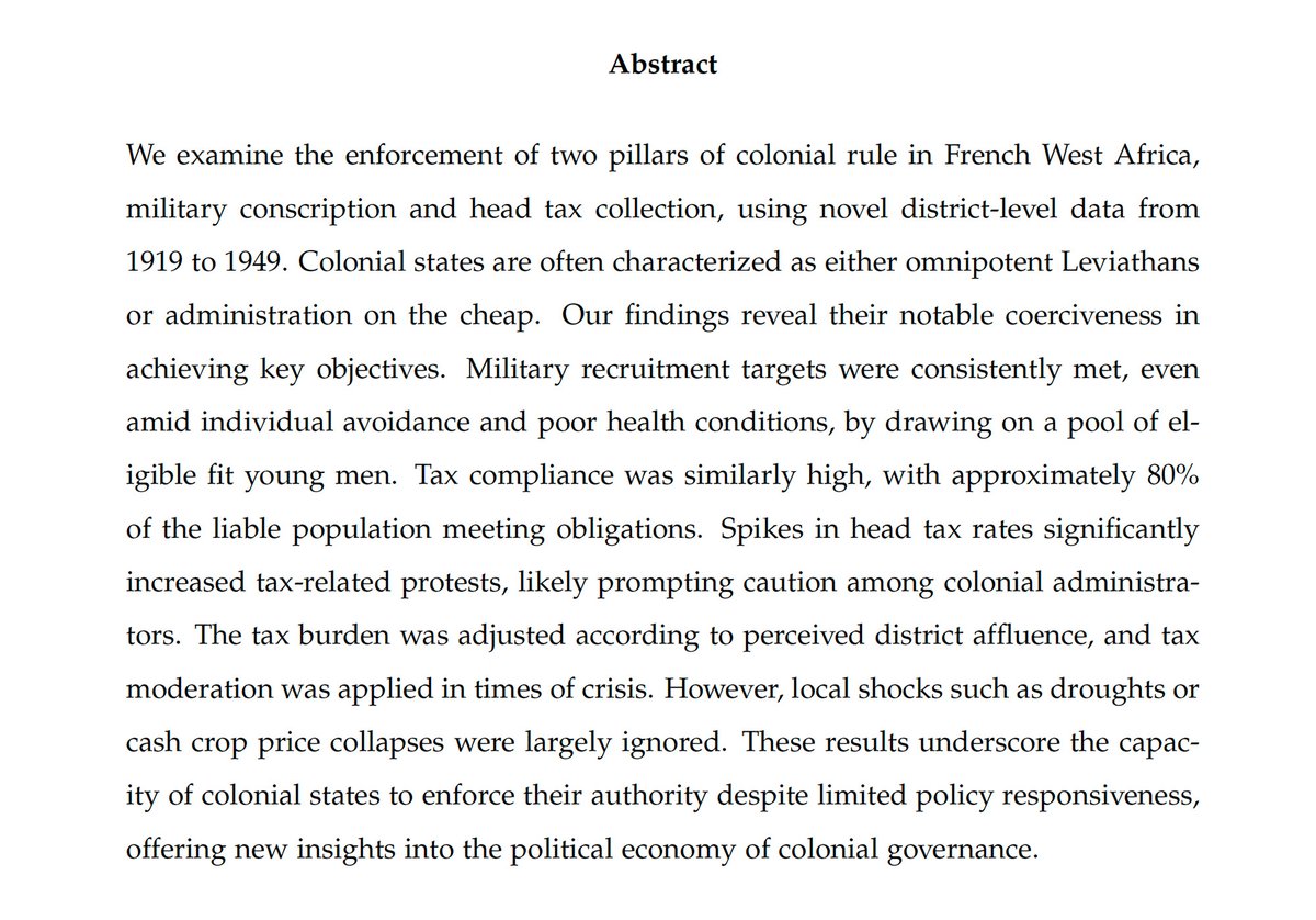 stone_lis's tweet image. &quot;Enforcing Colonial Rule: Blood Tax and Head Tax in French West Africa,&quot; a new WP by Denis Cogneau and @GC_CUNY Stone Center postdoc @ZhexunMO analyzes the coercive capacity of colonial states and the agency of colonized people.
bit.ly/41rPWX5
