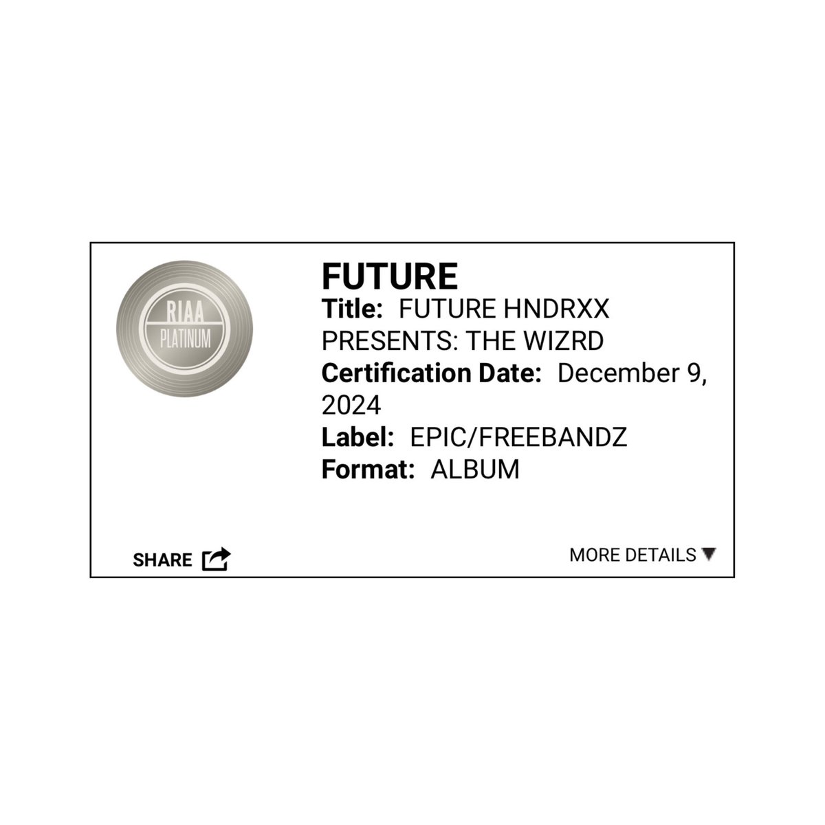 HipHopAllDay's tweet photo. Future's 'The WIZRD' is now officially certified platinum 🔥🏆

It becomes his eleventh platinum album, the most of ANY male artist this century. https://t.co/pTJA4N60Ub
