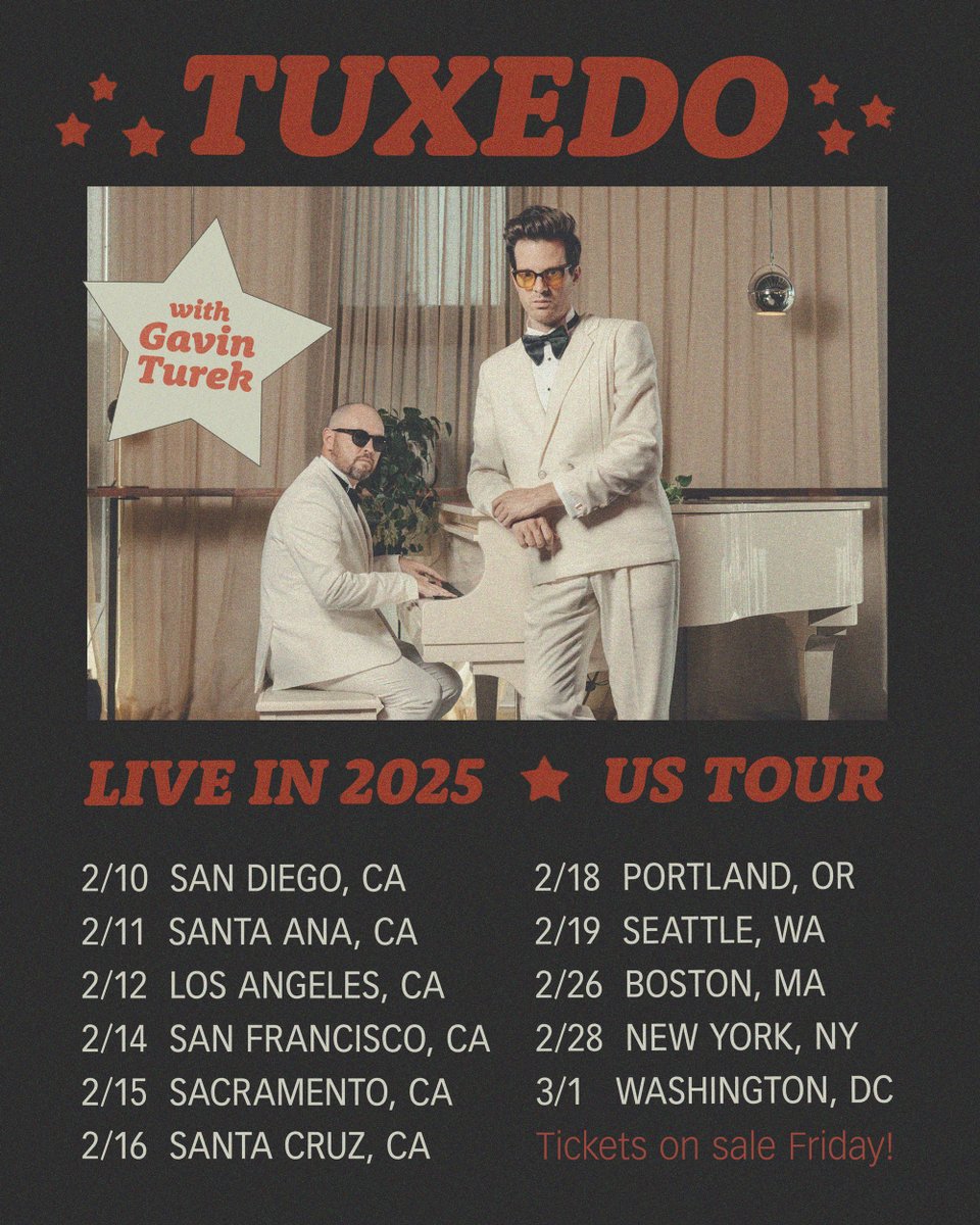 Tuxedo (@tuxedo) on Twitter photo Get into the groove and celebrate - we're bringing the band with <a href="/gavinturek/">Gavin Turek</a> to you Live in 2025! Tickets go on sale Friday but you can get yours early by signing up at tuxedofunk.com/tour Get into the groove and celebrate - we're bringing the band with <a href="/gavinturek/">Gavin Turek</a> to you Live in 2025! Tickets go on sale Friday but you can get yours early by signing up at tuxedofunk.com/tour