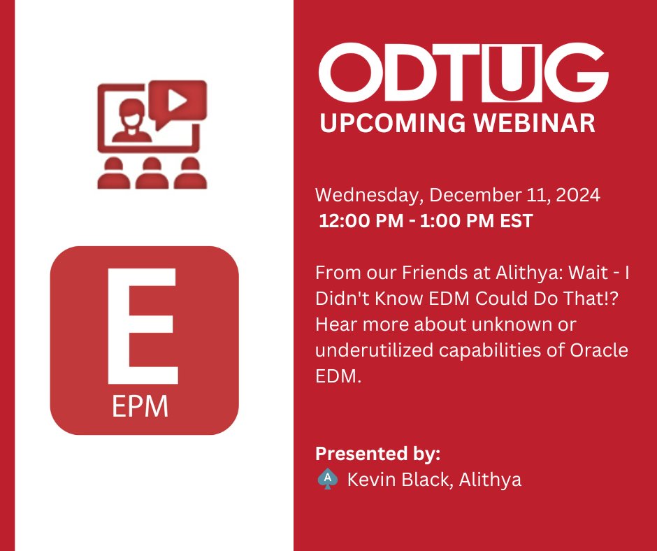 odtug's tweet image. STARTING SOON! Our friends at Alithya  share their expert insights about unknown or underutilized capabilities of #OracleEDM. Learn more and register - bit.ly/3ZthA35 #ODTUGwebinar