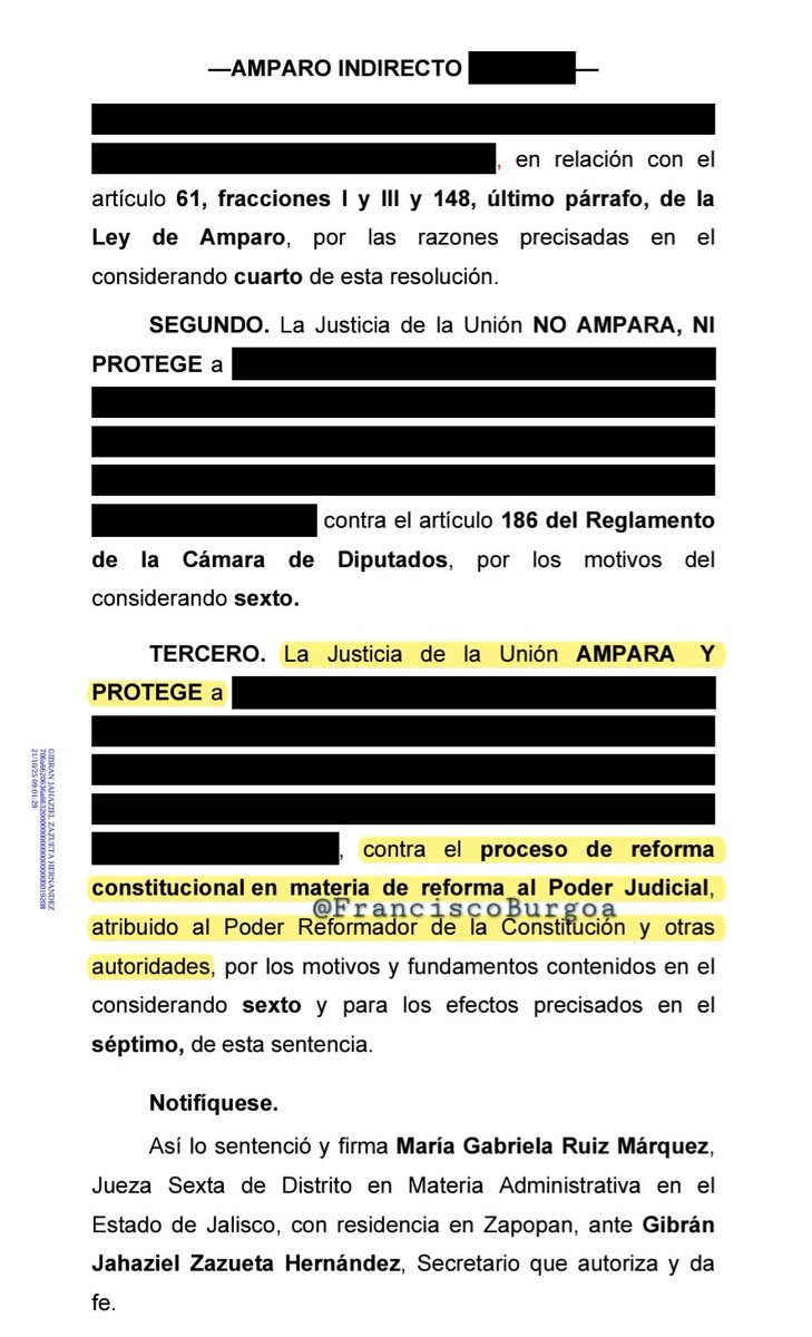 Atención ‼️

Se ha CONCEDIDO el PRIMER AMPARO contra el proceso de reforma constitucional en materia de reforma al Poder Judicial. 

Claro, sabemos que lo van a ignorar; pero queda testimonio en esta importante sentencia dictada por la Jueza Sexta de Distrito en Materia