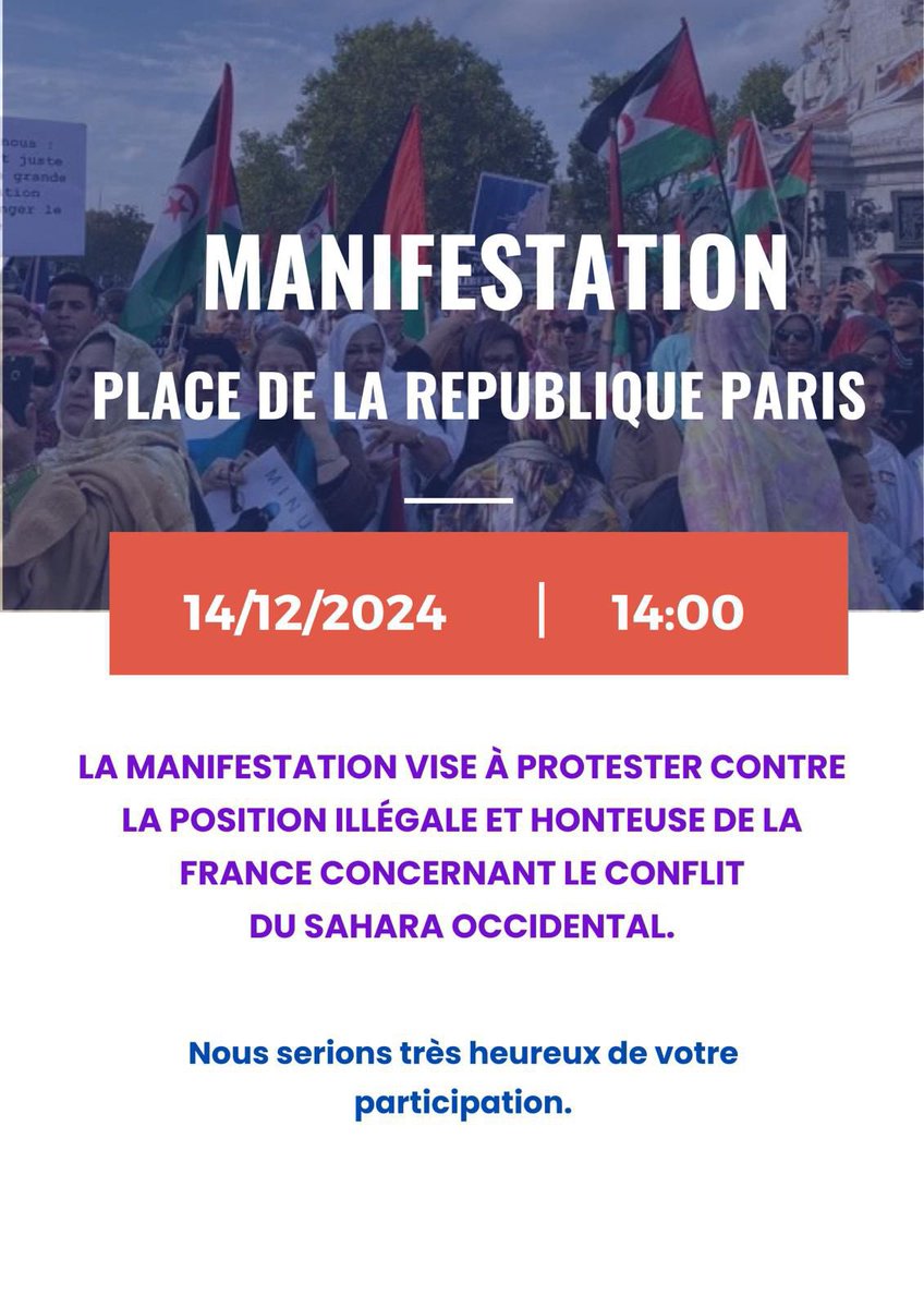Bonjour à toutes et à tous,

Pour l’inauguration de notre compte Twitter, nous sommes heureux d’annoncer une manifestation le 14 décembre à la place de la République, organisée par les associations sahraouies de France.

Nous vous attendons nombreux ! ✊🏽🇪🇭