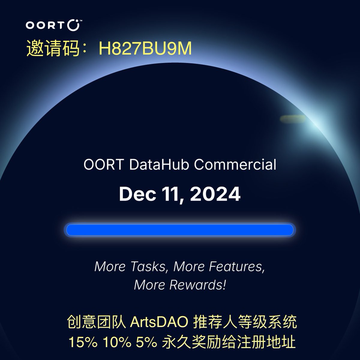 ArtsDAO_o's tweet image. 恭贺 #OORTDataHub 商业发布！🎉
重磅福利❗#ArtsDAO 回馈社区奖励

⏩️ 邀请码：H827BU9M

⏳12.11 官推@oortech 发布当天内注册，永久奖励 等级3 全部15%
⏳12.24 平安夜前注册，永久奖励 等级2 全部10%
⏳12.31 前注册，永久奖励 等级1 全部5%

💧增值权益/服务：资讯+答疑+操作指南+艺术NFT空投+