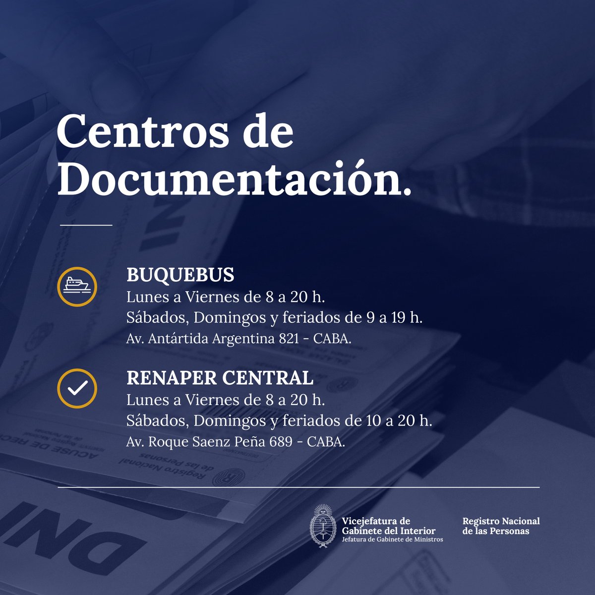 💫Si necesitas tu DNI en el día, podés tramitarlo al instante con turno previo en los centros Renaper Central y Buquebus.

🪪Retiralo en Av. Roque Sáenz Peña 689 - CABA. entre 2 a 6 h posteriores a la toma del trámite.

🌐Mas info en argentina.gob.ar/interior/renap…