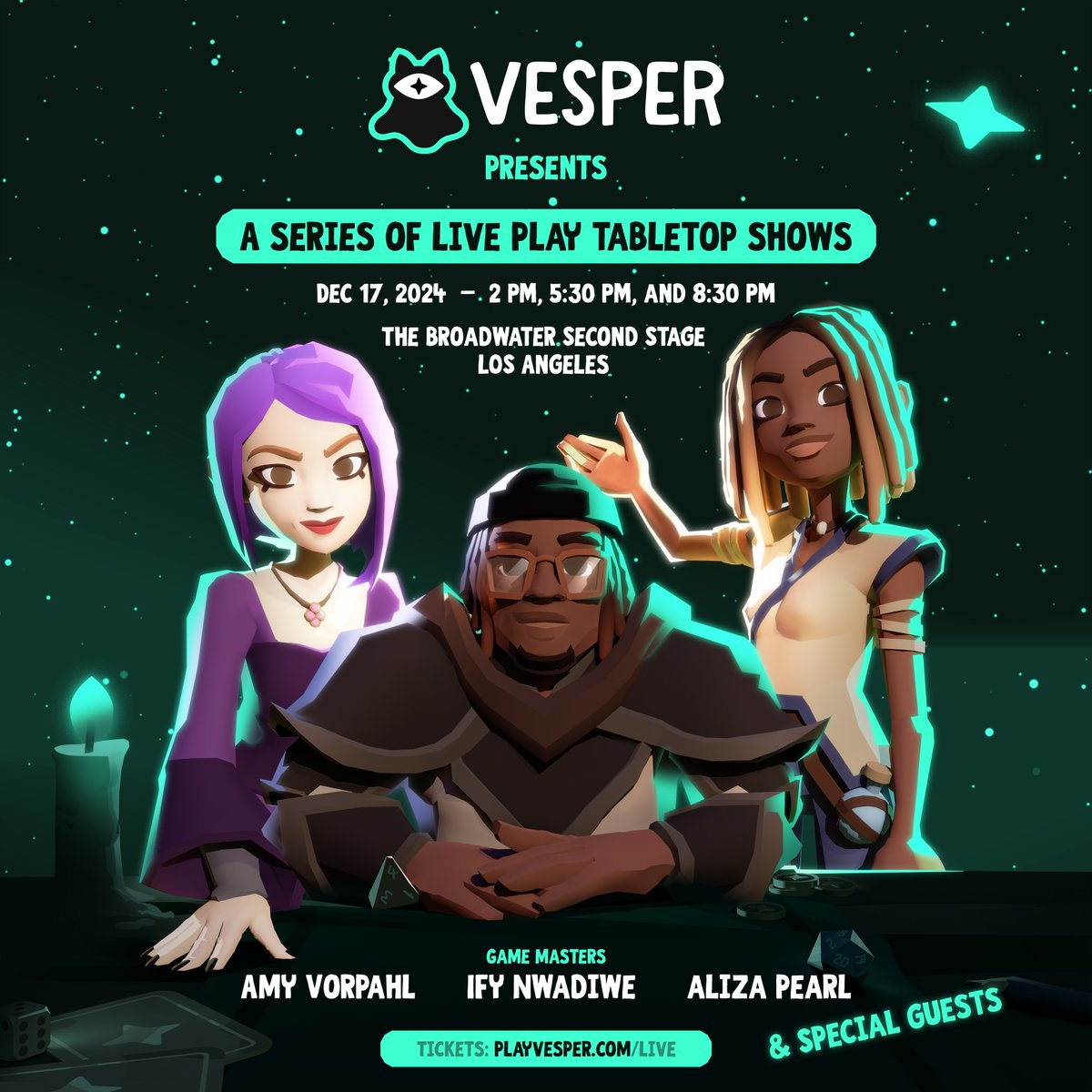 Vesper (@playvesper) on Twitter photo HUGE news! ✨🤩
We are presenting a series of TTRPG live shows in LA from our creators <a href="/IfyNwadiwe/">IFY | Away from Xitter</a> <a href="/vorpahlsword/">Amy Vorpahl ✨🧙♀️</a> and
@alizapearl!
December 17th at the Broadwater Second Stage in Los Angeles.
Tickets link: playvesper.com/live
Will there be goodies? You know it. HUGE news! ✨🤩
We are presenting a series of TTRPG live shows in LA from our creators <a href="/IfyNwadiwe/">IFY | Away from Xitter</a> <a href="/vorpahlsword/">Amy Vorpahl ✨🧙♀️</a> and
@alizapearl!
December 17th at the Broadwater Second Stage in Los Angeles.
Tickets link: playvesper.com/live
Will there be goodies? You know it.