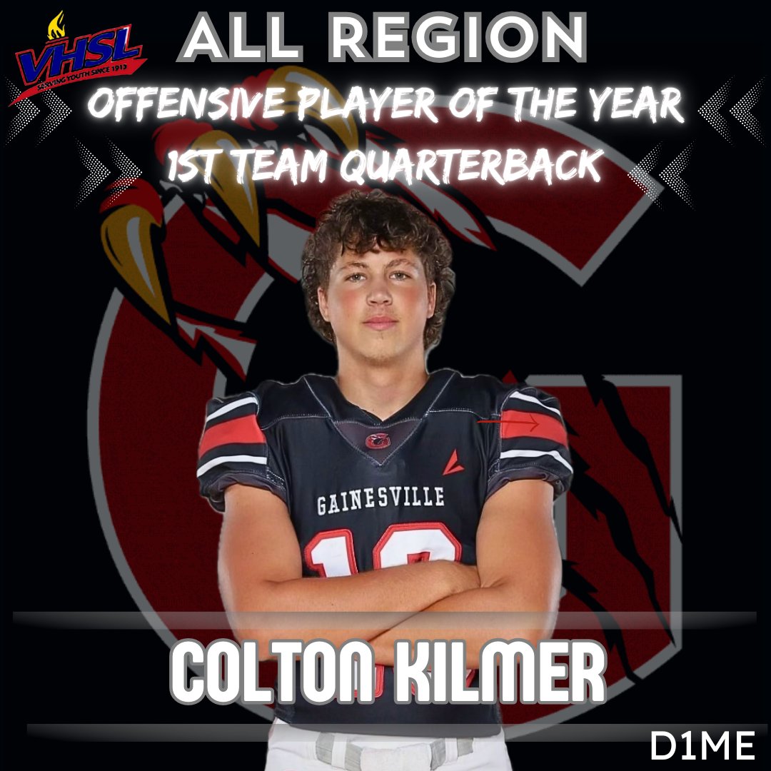Congratulations <a href="/KilmerColton/">Colton Kilmer (2025)</a>  for earning REGION 6B OFFENSIVE PLAYER OF THE YEAR &amp; 1ST TEAM QUARTERBACK 💪 

For all info check out Colton's microsite: d1me.io/profile/ckilmer

<a href="/GainesvilleFoo1/">Gainesville High School Football</a>  <a href="/CoachBruton/">Daniel Bruton</a>  <a href="/PWCsportsVA/">Prince William County Sports</a>