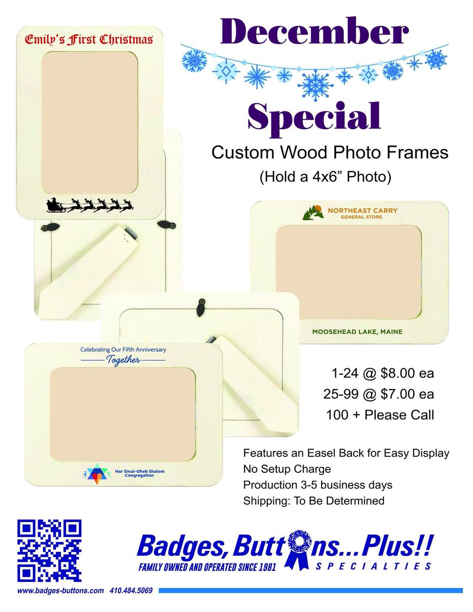 What better way to celebrate the holidays than with a personalized Picture Frame!!!  That's right, 1....you can order just 1.  Baby's 1st..., Family 2024, etc... the options are endless!!!! #badges #shopsmall #holiday2024 #pictureframe