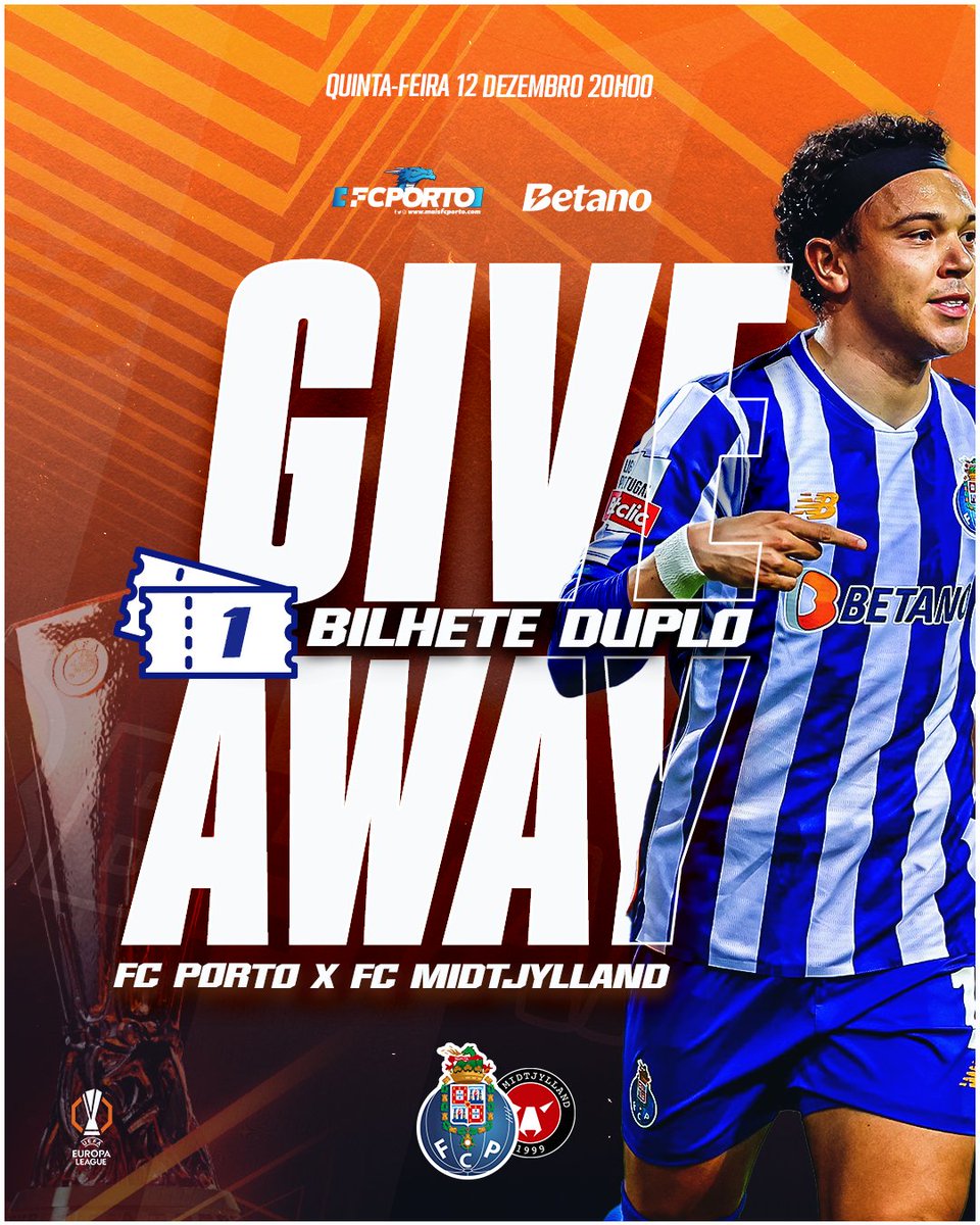 🚨🔵 G I V E A W A Y A L E R T ⚪️🚨

As noites europeias estão de volta ao Dragão 💥🐲

Por isso, em parceria com a <a href="/Betano_PT/">Betano Portugal 🔞</a> , estamos a oferecer 1 BILHETE DUPLO 💥 1⃣ no X

<a href="/FCPorto/">FC Porto</a>  🆚 <a href="/fcmidtjylland/">FC Midtjylland</a> 

Para participares só tens de:
1️⃣ Seguir o <a href="/maisfcporto/">+FC Porto</a> e a <a href="/Betano_PT/">Betano Portugal 🔞</a>  ;