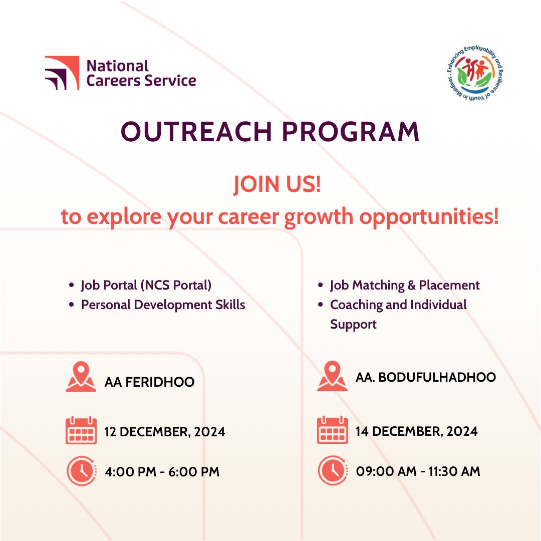 ncsgovmv's tweet image. Save the dates! 12-14th December Join us in Alif Alif Atoll Feridhoo and Bodufulhadhoo for job portal awareness, job matching, coaching, and up skilling sessions. 

@MoHEmv @MEERYProject @WorldBank

#ncsgovmv #alifalifatollcouncil #outreachprograms