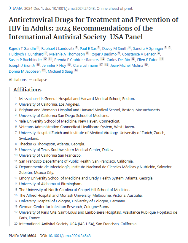 INCMNSZ_DirInv's tweet photo. Estudio internacional que proporciona recomendaciones actualizadas para el tratamiento y el manejo clínico del VIH y su prevención. DOI: 10.1001/jama.2024.24543, participación del @incmnszmx , @BrendaCrabtreeR  y Cols. https://t.co/rWqLZ9R1fF