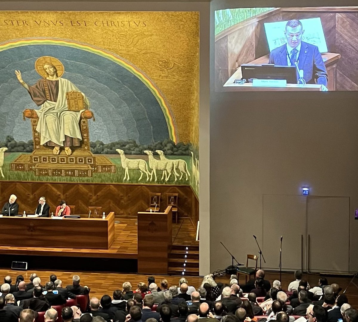 TorSchTheology's tweet photo. #TST @uStMikes graduate, Dr. Mark Yenson, Interim Vice-President and Academic Dean at @KingsAtWestern, addressing the plenary session of the international conference on the Future of Theology (Rome) on the contextual realities of theology in Canada.

@RSM_Theology https://t.co/PMLLGKzO9y