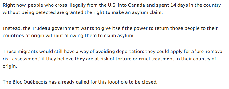 smeurrens's tweet photo. The Trudeau government is considering removing the right to claim asylum from people who cross the Canada-US border to make their claim. They will instead only be able to apply for a pre-removal risk assessment. 

As well, Canada is considering ending flag-poling, and will let people apply to renew their status in person at designated points. 

https://t.co/EzpyIJXklq