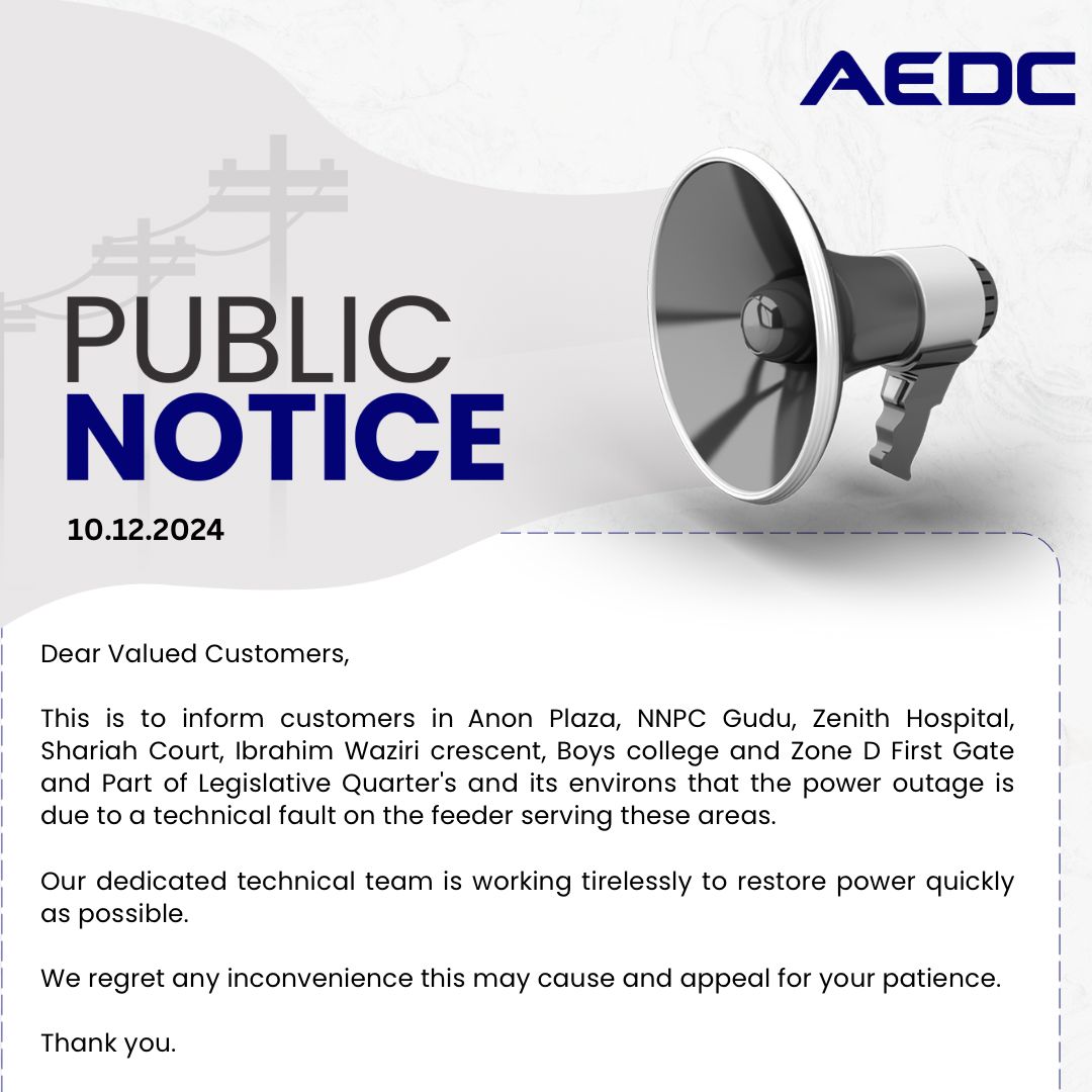 aedcelectricity's tweet photo. Power Outage Alert❗ 
#Poweroutage 
#AEDC 
#PowerofCommitment https://t.co/ZLNhSjpw80