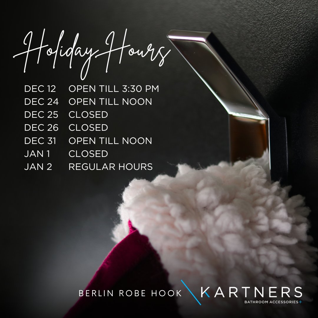 Kartners's tweet photo. Please take note of our adjusted hours for the holidays. Wishing you a warm and cheerful holiday season!

Featuring our Berlin Robe Hook, in Polished Chrome.

#Kartners #ElevateYourEveryday #bathroomhardware https://t.co/kEm9OJgMzK