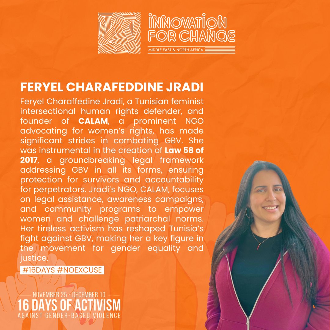 Feryel Charaffedine Jradi is a Tunisian feminist, and human rights defender, and the founder of Calam ngo, and  known for her tireless work to combat gender-based violence (GBV) and promote gender equality in Tunisia. As a prominent member of civil society, she has been