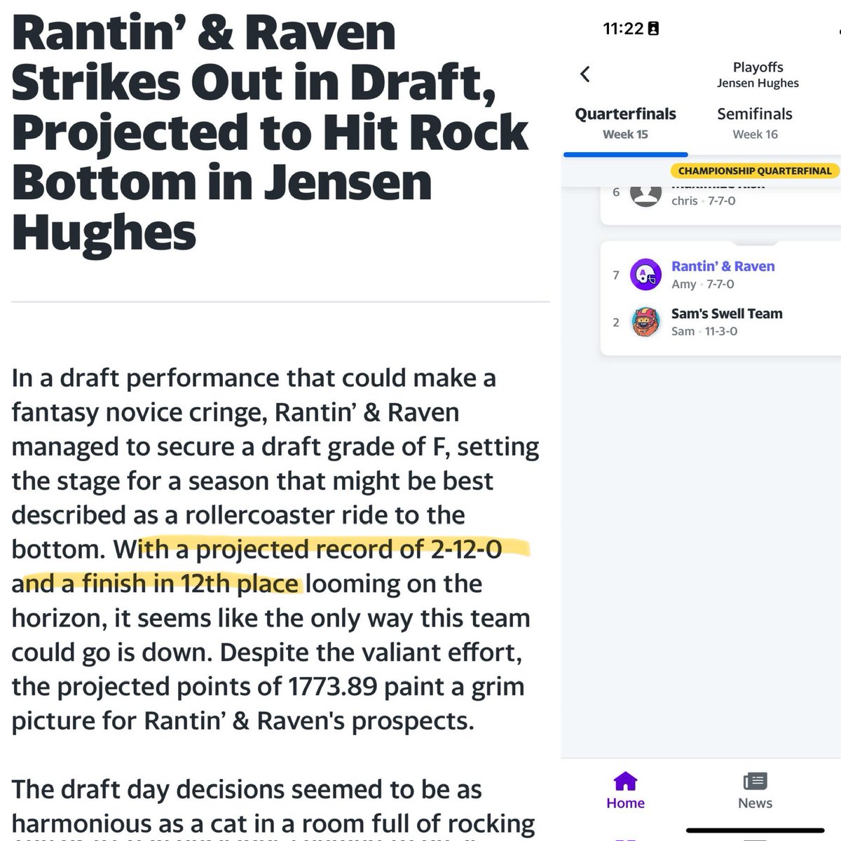 RussianthruLife's tweet photo. I would very much like to tell @YahooFantasy “TOLD YA” They predicted I’d be last in our work league, and here I am in 7th, and with a 7-7 record. https://t.co/GuQJYSHEmo