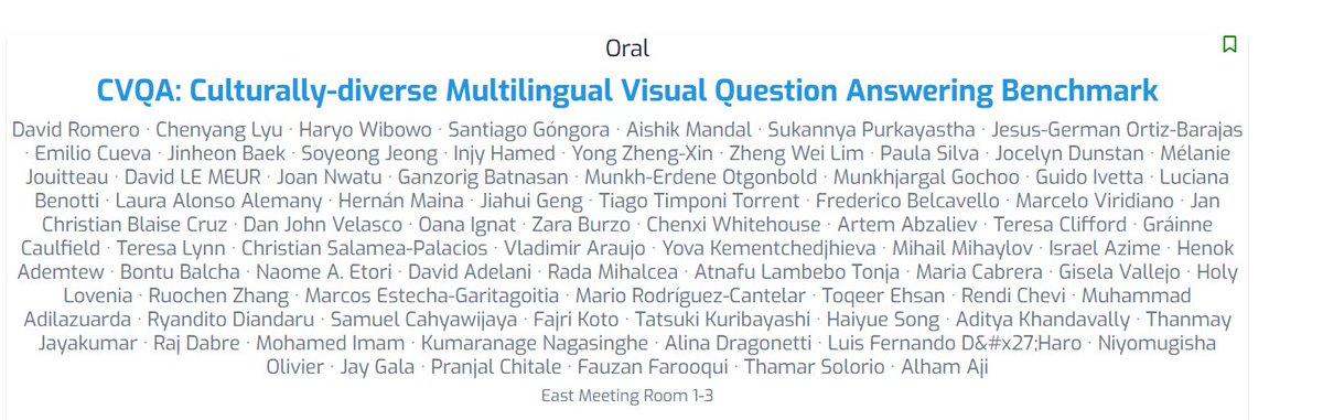 On Thursday 12 December, the CVQA paper will be presented <a href="/NeurIPSConf/">NeurIPS Conference</a>.

A huge international project led by <a href="/AlhamFikri/">Alham Fikri Aji</a> <a href="/thamar_solorio/">thamar |</a> <a href="/Davidromogr/">David Romero</a> et al. 

It's a huge honor to be between these great authors, including some beloved Latin Americans🥰

cvqa-benchmark.org