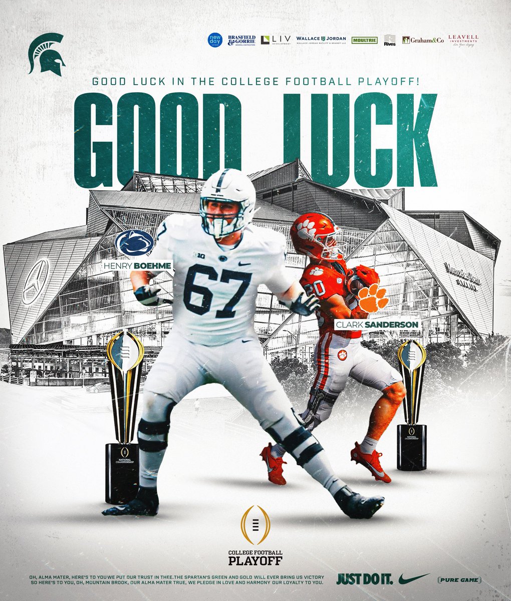 Mountain Brook Football (@mtnbrookftbl) on Twitter photo We have 2️⃣ former Spartans in this year’s <a href="/CFBPlayoff/">College Football Playoff</a>! We’re excited for <a href="/BoehmeHenry/">Henry Boehme</a> & <a href="/_ClarkSanderson/">Clark Sanderson</a>.
Good luck to both Penn State and Clemson! We have 2️⃣ former Spartans in this year’s <a href="/CFBPlayoff/">College Football Playoff</a>! We’re excited for <a href="/BoehmeHenry/">Henry Boehme</a> & <a href="/_ClarkSanderson/">Clark Sanderson</a>.
Good luck to both Penn State and Clemson!