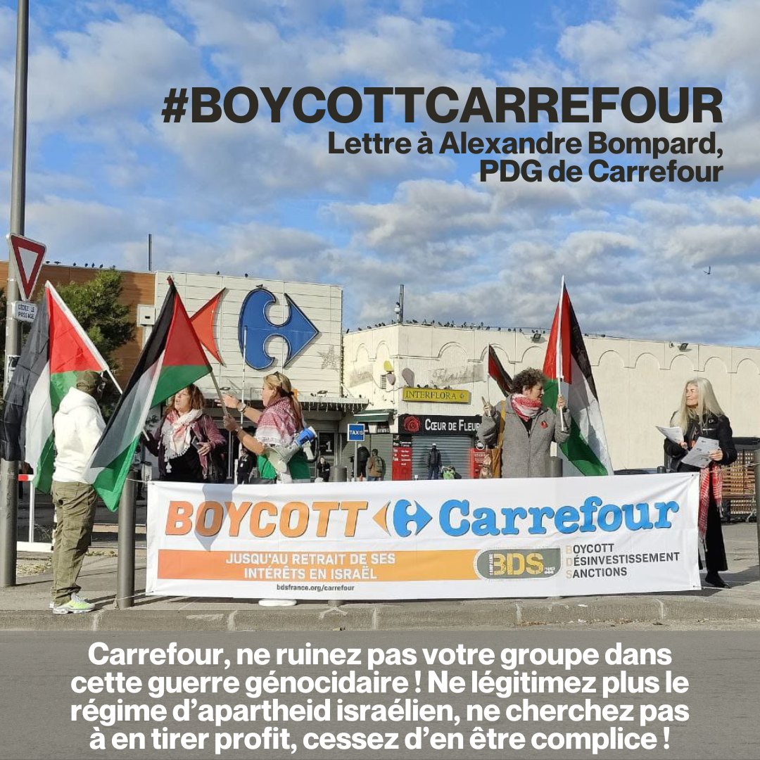 La campagne BDS France a adressé une lettre au PDG de Carrefour, Alexandre Bompard. Cessez de rendre Carrefour complice du régime d’apartheid israélien qui perpétue un genocide a Gaza contre 2,3 millions de Palestinien•nes ! #BoycottCarrefour

La lettre : bdsfrance.org/carrefour-cess…