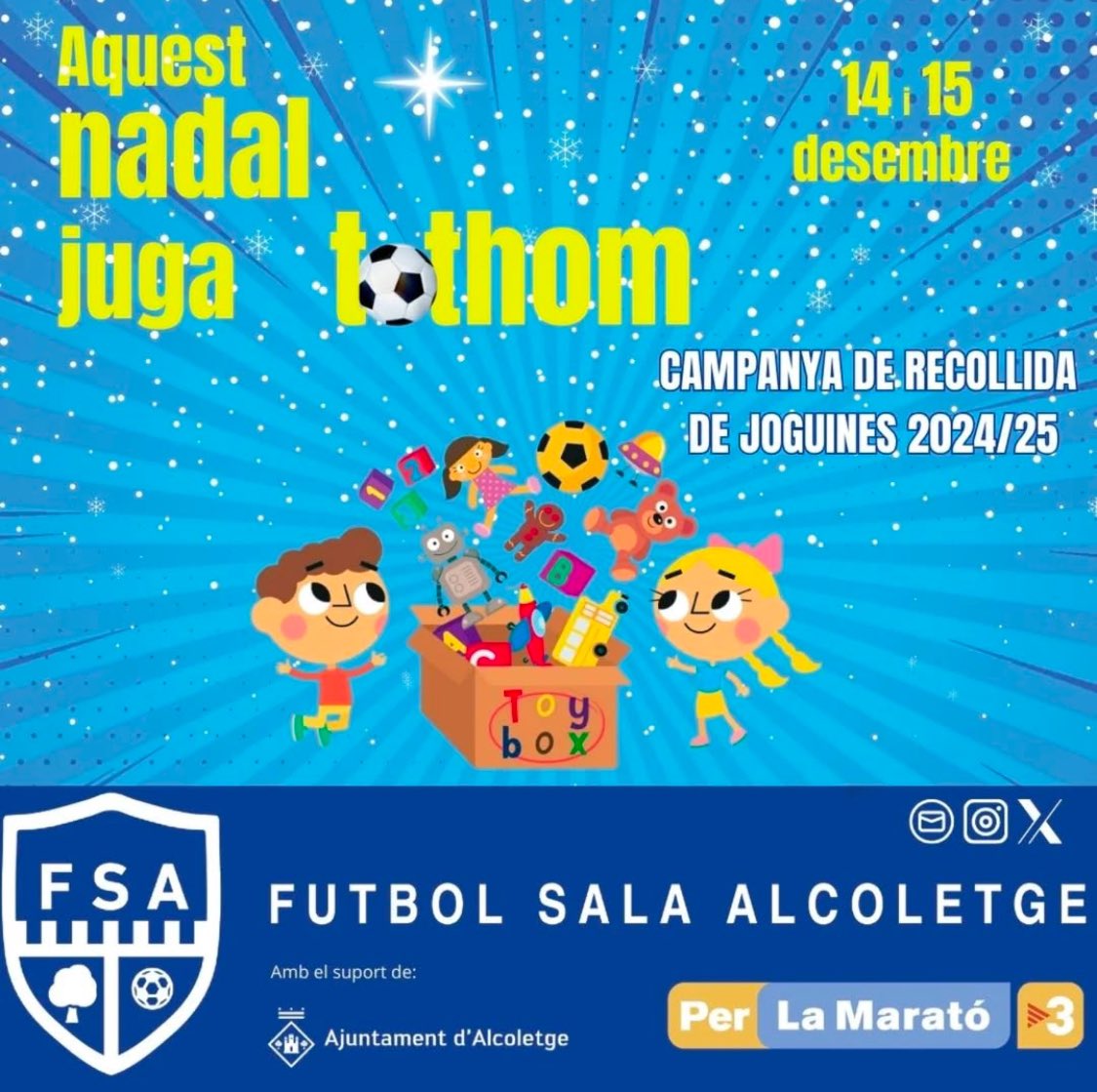CFS Alcoletge (@cfs_alcoletge) on Twitter photo 💙 Aquest cap setmana 14 i 15 tindrà lloc al CFS Alcoletge la campanya solidaria "Aquest Nadal Juga Tothom" enmarcada dins dels actes de la <a href="/la_marato/">La Marató de 3Cat</a>
No deixem cap infant sense joguina !!
#lamaratótv3 💙 Aquest cap setmana 14 i 15 tindrà lloc al CFS Alcoletge la campanya solidaria "Aquest Nadal Juga Tothom" enmarcada dins dels actes de la <a href="/la_marato/">La Marató de 3Cat</a>
No deixem cap infant sense joguina !!
#lamaratótv3