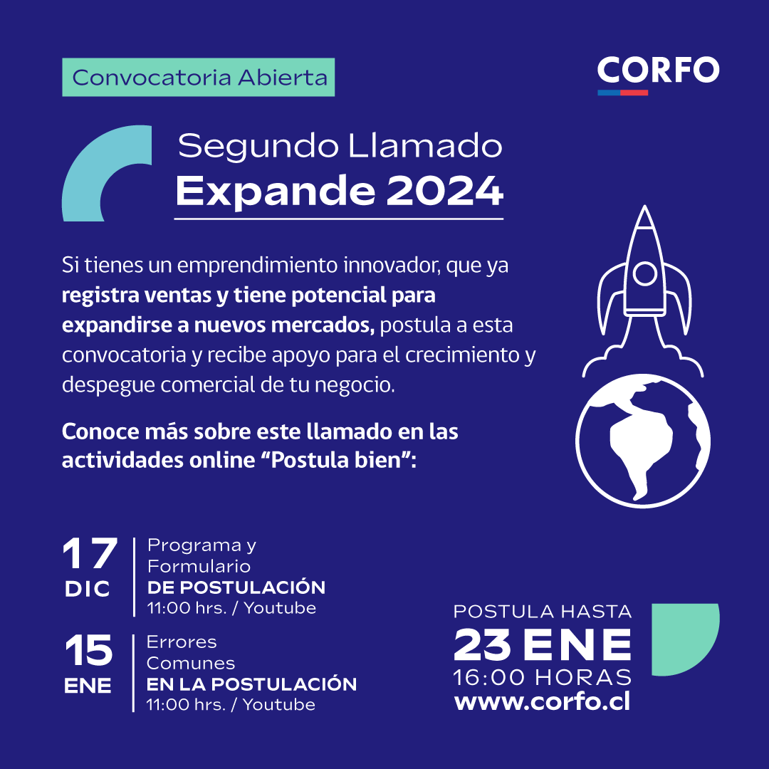 ¿Estás listo para escalar tu emprendimiento? Abrimos un nuevo llamado del programa Expande 🛫 Apoyamos proyectos innovadores, escalables y sostenibles en su despegue a nuevos mercados

Más información 👉 corfo.cl/sites/cpp/conv…
Charlas "Postula Bien" 👉 youtube.com/@corfo/streams