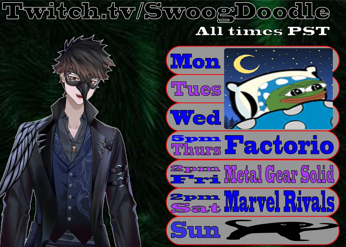 SwoogD's tweet photo. Stream Schedule for the week!
Will be joined by @MaocraH for Metal Gear solid
and also by @hornsofnowhere for some Marvel Rivals!

Twitch link will be down below :)
#Vtubers #ENVtuber https://t.co/mttCr2Nd5I