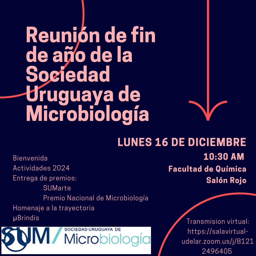 🎉 ¡Te invitamos a la Reunión de Fin de Año de la Sociedad Uruguaya de #Microbiología!

📅 Lunes 16 de diciembre
🕥 10:30 AM
📍 Facultad de Química, Salón Rojo
🔗 Transmisión virtual: salavirtual-udelar.zoom.us/j/81212496405

¡μBrindis para cerrar el año!
¡Nos vemos allí! 🦠🧫🔬