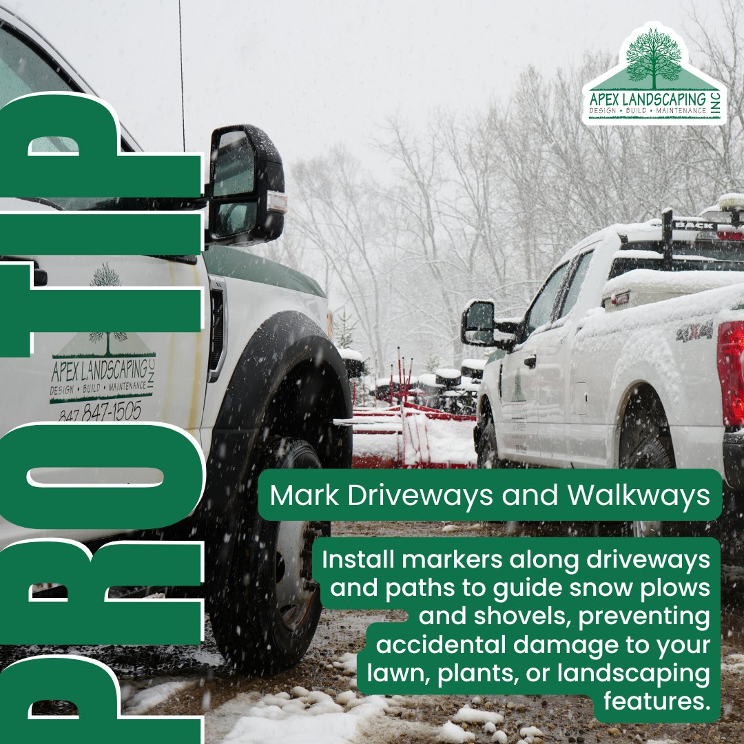 ApexLandscaping's tweet photo. Use stakes to mark pathways and driveways so snow plows don’t damage your landscaping. #SnowPlowing #DrivewaySafety #ApexLandscaping https://t.co/syTCTWKedb