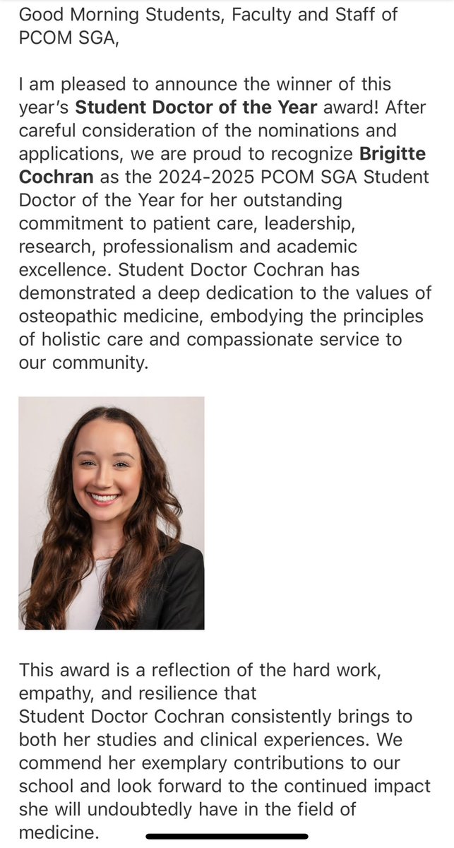 Honored to be selected as PCOM South Georgia Student Doctor of the Year 🥹

Thank you to my mentors, friends and family for attributing to my success ❤️